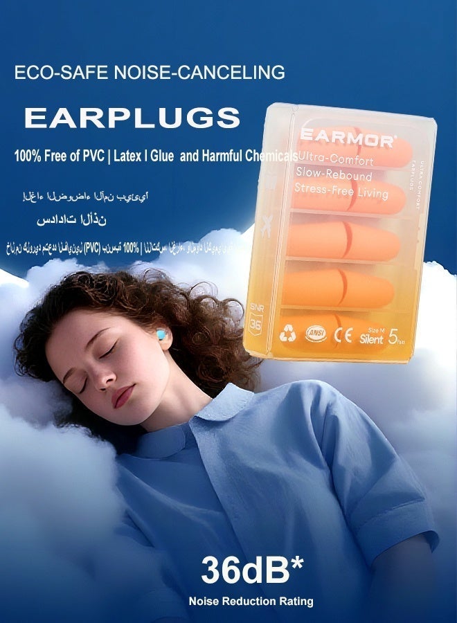 EARMOR E01 Orange Earplugs (5 Pairs)  SNR 36 dB Noise Reduction , 60s Slow-Rebound Memory Foam , 360° Skin-Soft Fit for Side Sleepers , Latex & PVC Free  Hearing Protection Soft PU Foam Earplugs for Sleeping Comfortable Noise Reduction Ear Plugs with Safety Features - Image 3